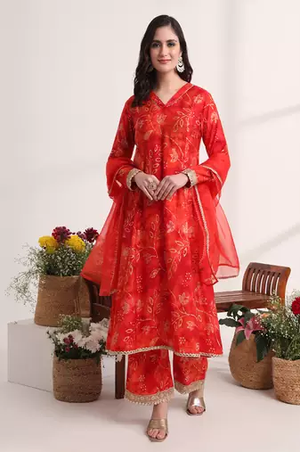  red ethnic motifs,lace work anarkali kurta and trouser with dupatta set