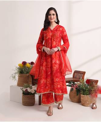  red ethnic motifs,lace work anarkali kurta and trouser with dupatta set 1