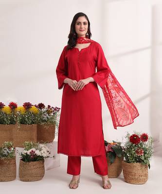  pink solid straight kurta trouser and dupatta set 1