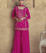 Pink embroidered chinnon silk semi-stitched sharara suit with dupatta