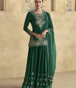 Green embroidered chinnon silk semi-stitched sharara suit with dupatta