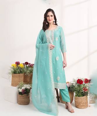  teal blue embroidery silk blend straight kurta dupatta set 1