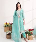  teal blue embroidery silk blend straight kurta dupatta set