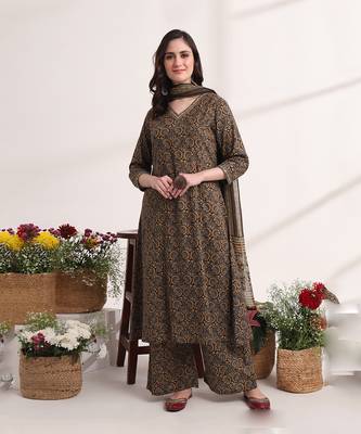  brown printed a-line kurta palazzo and dupatta set 1