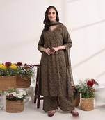  brown printed a-line kurta palazzo and dupatta set