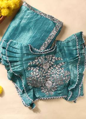 Teal gota patti embroidered saree with ready blouse 1