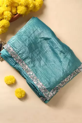 Teal gota patti embroidered saree with ready blouse