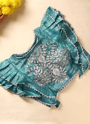 Teal gota patti embroidered saree with ready blouse 4