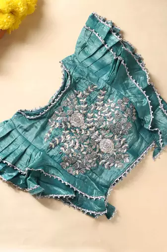Teal gota patti embroidered saree with ready blouse