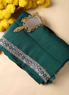 Rama green embroidered saree with ready blouse 4