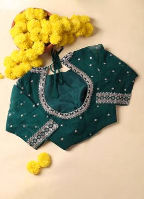Rama green embroidered saree with ready blouse 6
