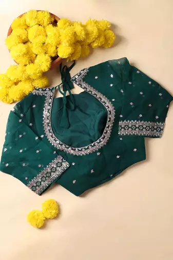 Rama green embroidered saree with ready blouse