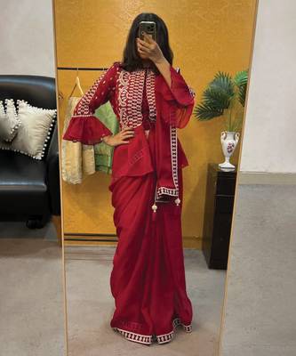 Crimson designer saree with jacket style ready blouse. 2