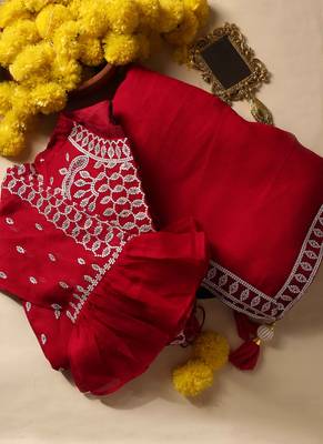 Crimson designer saree with jacket style ready blouse. 3