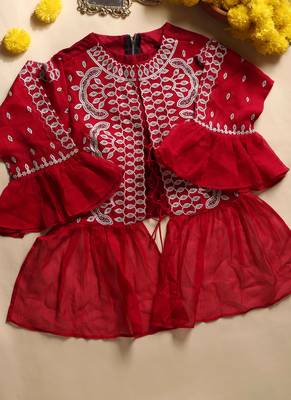 Crimson designer saree with jacket style ready blouse. 5