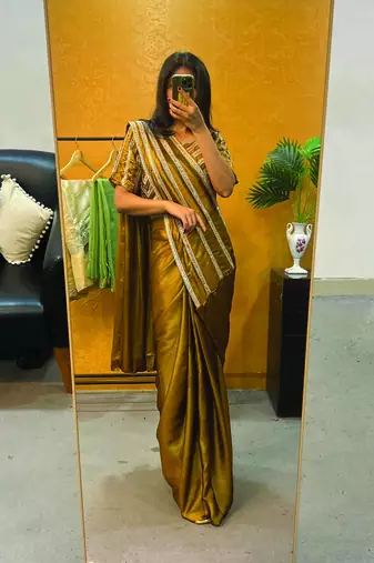 pre-stitched golden lurex shine ready-to-wear saree