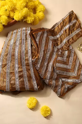 pre-stitched golden lurex shine ready-to-wear saree
