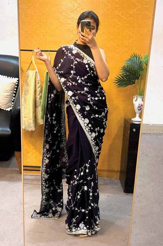 Royal Purple satin embroidered saree