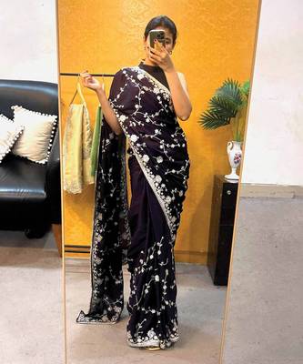 Royal Purple satin embroidered saree 1