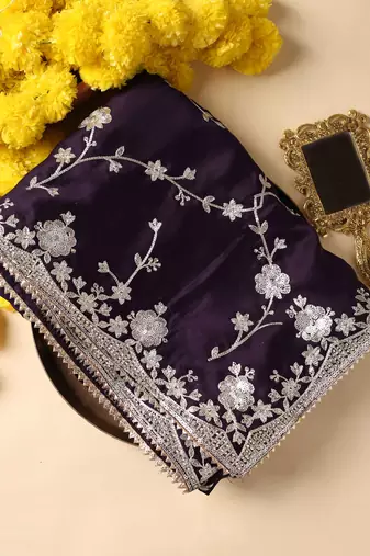 Royal Purple satin embroidered saree