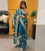 Royal teal satin embroidered saree