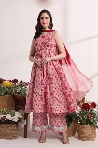  pink floral print anarkali kurta and trouser with dupatta set