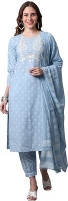 women's pure cambric cotton jaipuri printed & embroidered kurta & pant with dupatta 2