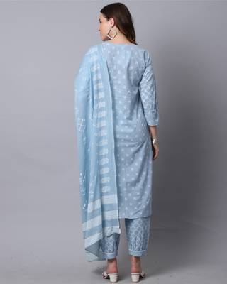 women's pure cambric cotton jaipuri printed & embroidered kurta & pant with dupatta 3