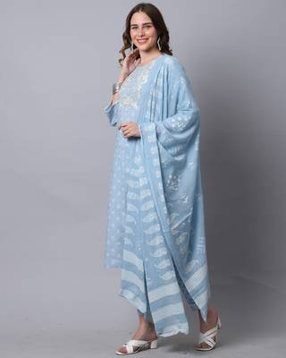 women's pure cambric cotton jaipuri printed & embroidered kurta & pant with dupatta 4