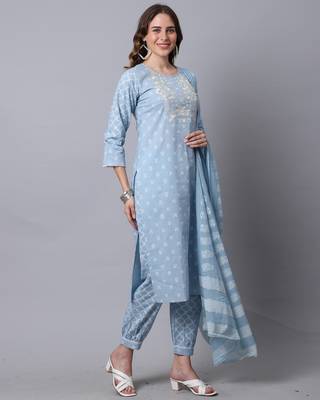 women's pure cambric cotton jaipuri printed & embroidered kurta & pant with dupatta 5