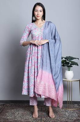 women's pure cotton jaipuri printed & embroidered kurta & pant with dupatta 1