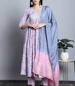 women's pure cotton jaipuri printed & embroidered kurta & pant with dupatta