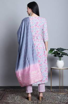 women's pure cotton jaipuri printed & embroidered kurta & pant with dupatta 2