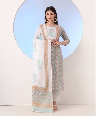  white and blue cotton straight kurta pant dupatta set 1