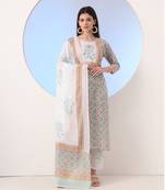  white and blue cotton straight kurta pant dupatta set
