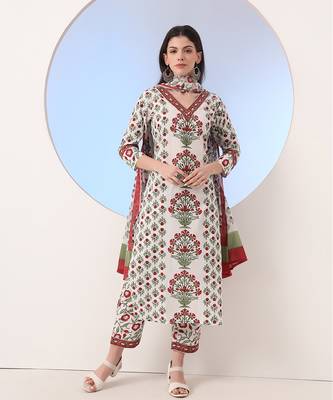  white and green cotton,sequins work straight kurta pant dupatta set 1