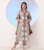  white and green cotton,sequins work straight kurta pant dupatta set