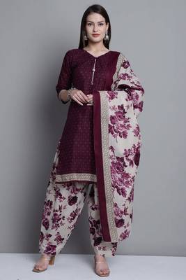 wine cotton blend printed ready to wear patiala salwar suit 1