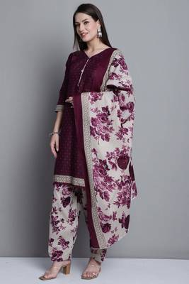 wine cotton blend printed ready to wear patiala salwar suit 3