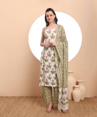  white and green floral print straight kurta trouser dupatta set cotton lining 5