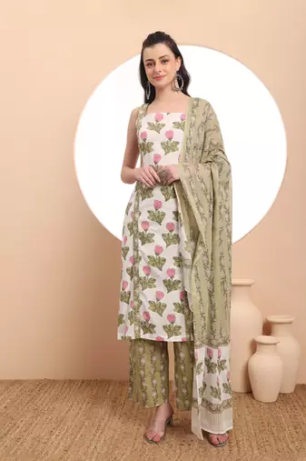  white and green floral print straight kurta trouser dupatta set cotton lining