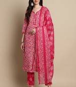 women's cotton blend jaipuri printed kurta & pant with dupatta