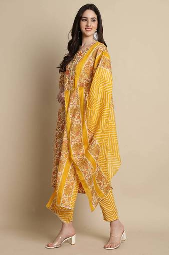 women's cotton blend jaipuri printed kurta & pant with dupatta