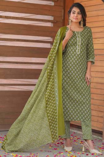 women's cotton jaipuri printed kurta & pant with dupatta