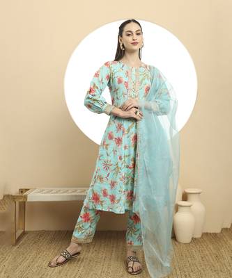  blue printed silk embroidered kurta dupatta set 1