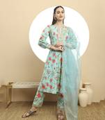  blue printed silk embroidered kurta dupatta set