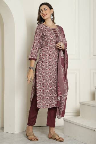 women's cotton blend floral printed kurta & pant with dupatta