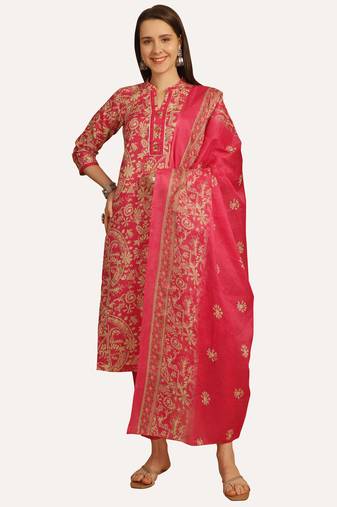 women's cotton blend floral printed kurta & pant with dupatta