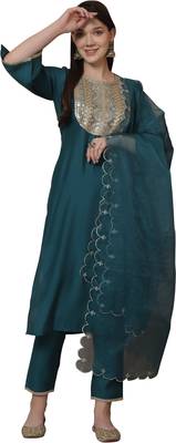 women's poly silk embroidered kurta & pant with dupatta 2