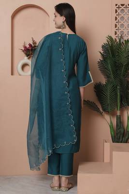 women's poly silk embroidered kurta & pant with dupatta 3